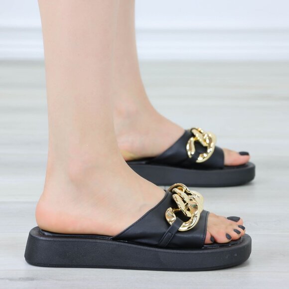 Black Chunky Comfy Flat Sandal Slip On Sliders - Picture 7 of 14